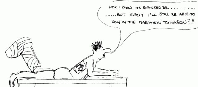 Back pain and running - Cartoon on runner lying on a physio table bandaged up asking when he can run again.