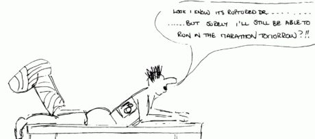 Cartoon on runner lying on a physio table bandaged up asking when he can run again.