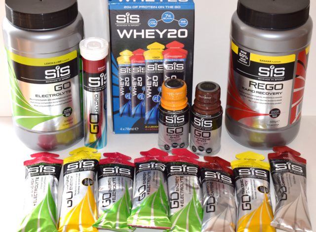 Science in Sports products include whey, gels, caffeine shots, electrolytes.