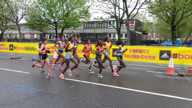 The women's elite at the 2015 London marathon at about the half way point. Their running form is extraordinary. 