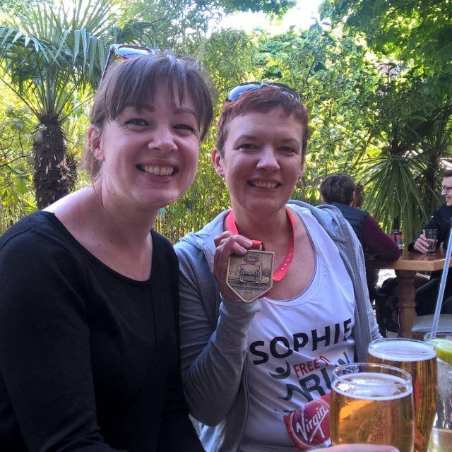 Me and my running buddy Mary, having a few pints of cider at the pub. I'm happy and relaxed, though a little tired. 