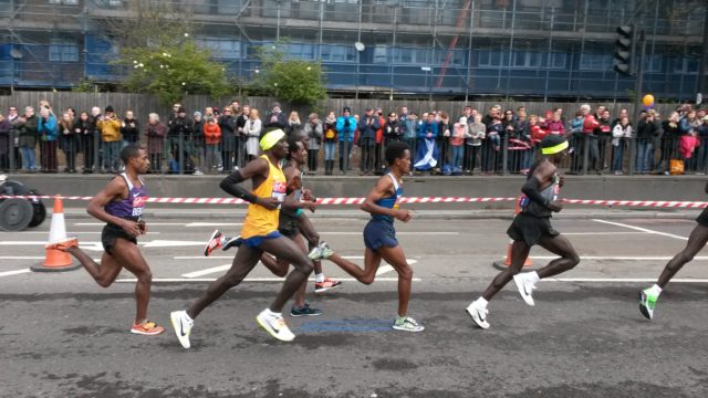 The 2016 London marathon men's elite running past at about the half way point. Great running form.