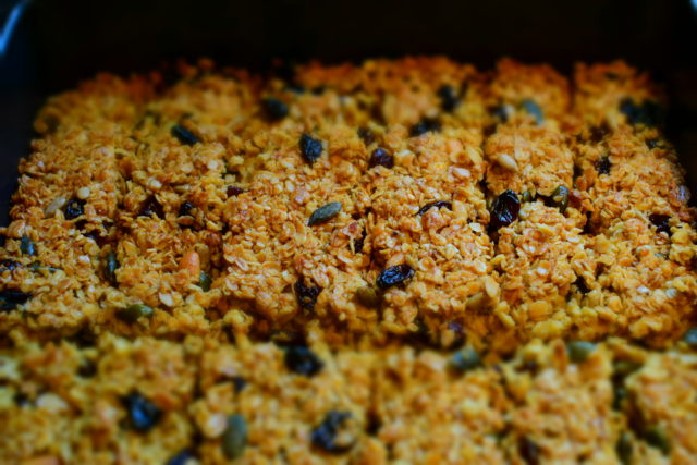 Fruity flapjacks out of oven