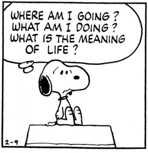 After a bad run, Snoopy wondering about the meaning of life - where am I going? What am I doing? What is the meaning of life?