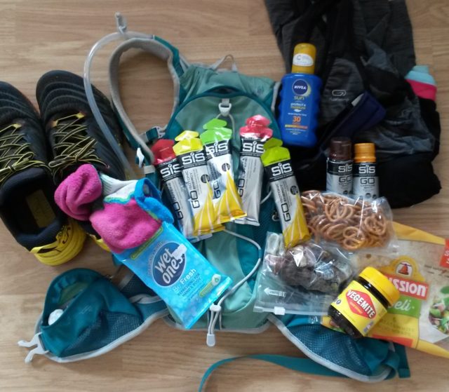 Chiltern Challenge Race Kit - Clothes as well as SiS gels, wraps with vegemite, pretzels and dates. Also remembered the caffeine shots, and the sunscreen.