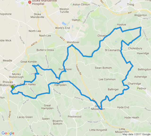 Map of the route through the Chilterns.