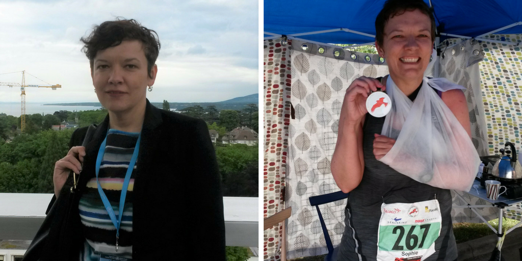 Picture of me at work, and me at the end of the Chiltern Challenge