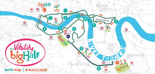 Map of The Big Run in London from Tower Bridge, through the City of London and then onto Greenwich