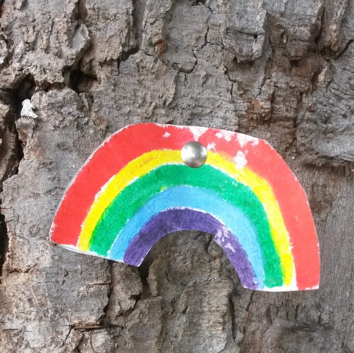 day 55 in lockdown, a rainbow thumbtacked to a tree