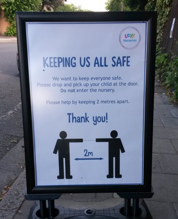 day 85 of lockdown - sign outside local nursery asking people to maintain a 2 metre distance